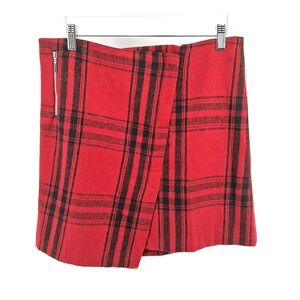 British Khaki Red Plaid Short Skirt Womens Sz 8 Faux Wrap Dark Academia Twee